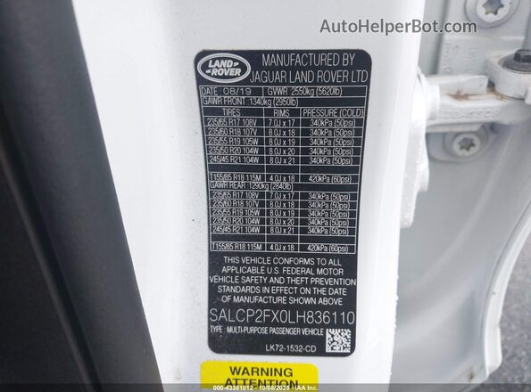 SALCP2FX0LH836110 2020 LAND ROVER DISCOVERY SPORT White Widok komory silnika