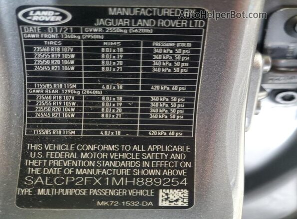 SALCP2FX1MH889254 2021 LAND ROVER DISCOVERY Gray VIN կոդի պիտակի տեսք