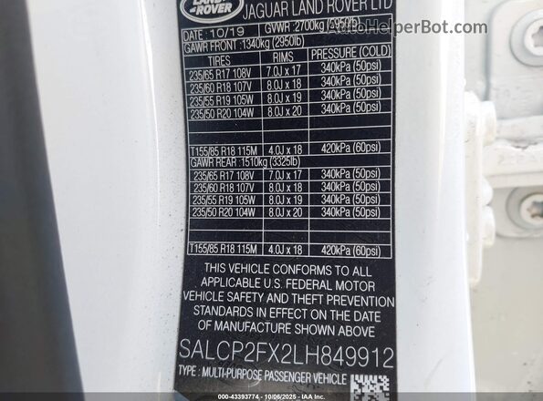 SALCP2FX2LH849912 2020 LAND ROVER DISCOVERY SPORT White Vista del compartimento del motor
