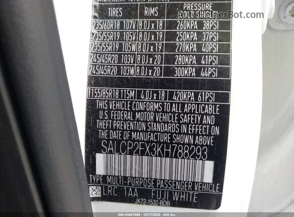 SALCP2FX3KH788293 2019 LAND ROVER DISCOVERY SPORT White Vista del compartimento del motor