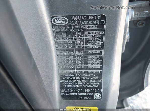 SALCP2FX4LH841049 2020 LAND ROVER DISCOVERY SPORT Gray Vista del compartimento del motor