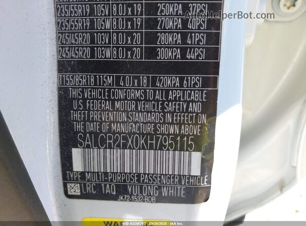 SALCR2FX0KH795115 2019 LAND ROVER DISCOVERY SPORT White Engine compartment view