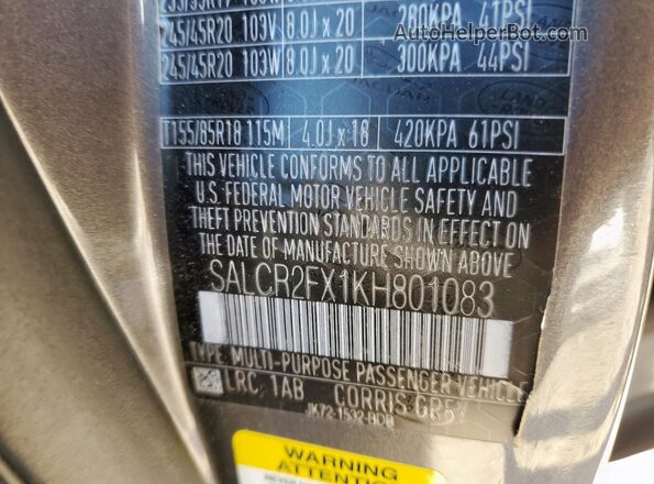 SALCR2FX1KH801083 2019 LAND ROVER DISCOVERY Gray 