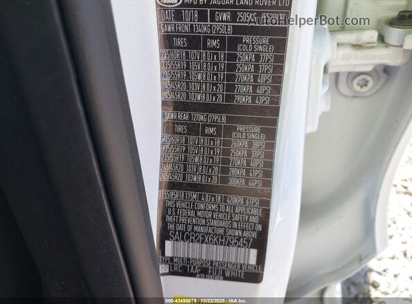 SALCR2FX6KH795457 2019 LAND ROVER DISCOVERY SPORT Белый Вид подкапотного пространства