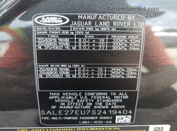 SALE27EU7S2419404 2025 LAND ROVER DEFENDER Gray VIN sticker view