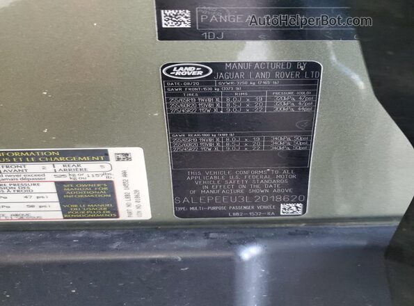 SALEPEEU3L2018620 2020 LAND ROVER DEFENDER Green Vista de la etiqueta del VIN