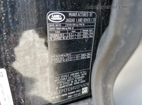 SALEPEFE6R2274928 2024 LAND ROVER DEFENDER Черный Вид наклейки с VIN-кодом