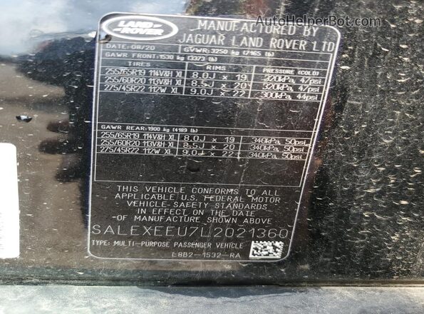 SALEXEEU7L2021360 2020 LAND ROVER DEFENDER Black Vista de la etiqueta del VIN