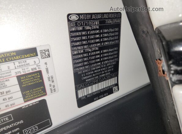 SALGS2RE0JA387401 2018 LAND ROVER RANGE White VIN sticker view