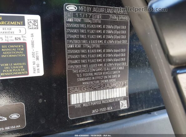 SALGS2RE2JA380711 2018 LAND ROVER RANGE ROVER Black Շարժիչի բաժամունքի տեսք