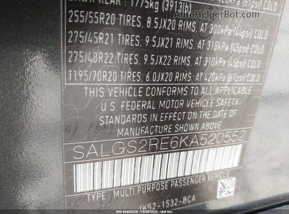 SALGS2RE6KA520552 2019 LAND ROVER RANGE ROVER Black Vista del compartimento del motor