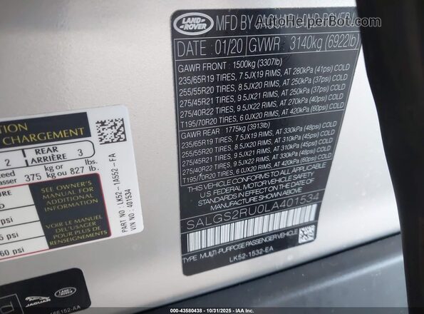 SALGS2RU0LA401534 2020 LAND ROVER RANGE ROVER Gold Vista del compartimento del motor