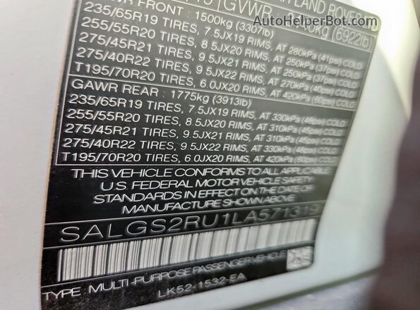 SALGS2RU1LA571319 2020 LAND ROVER RANGE White Widok naklejki z numerem VIN