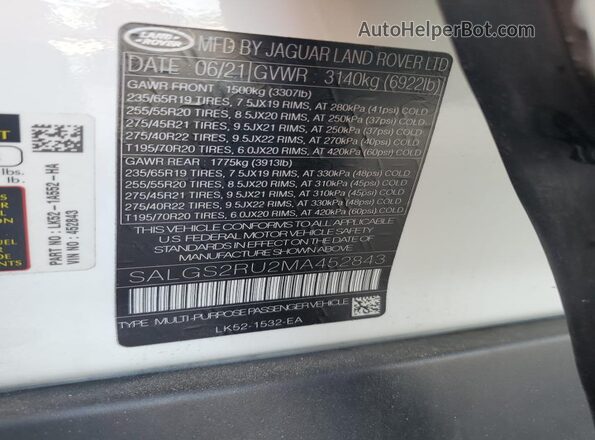 SALGS2RU2MA452843 2021 LAND ROVER RANGE White Vista interior de 360 grados