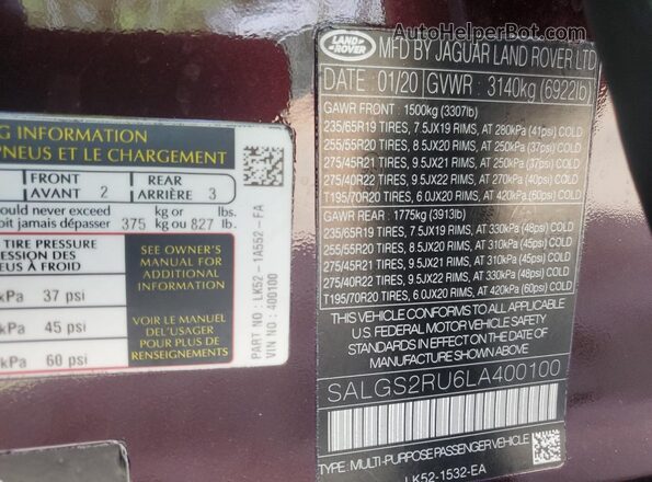 SALGS2RU6LA400100 2020 LAND ROVER RANGE Purple VIN კოდის სტიკერის ხედი