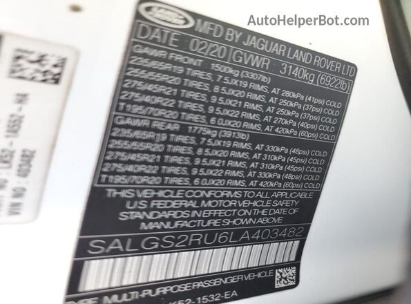 SALGS2RU6LA403482 2020 LAND ROVER RANGE White სალონის 360-გრადუსიანი ხედი