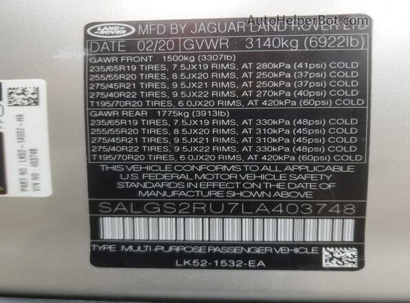 SALGS2RU7LA403748 2020 LAND ROVER RANGE Gold VIN կոդի պիտակի տեսք
