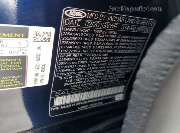 SALGS2RU8LA403337 2020 LAND ROVER RANGE Blue Շարժիչի բաժամունքի տեսք