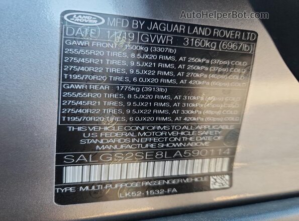 SALGS2SE8LA590114 2020 LAND ROVER RANGE Gray VIN sticker view