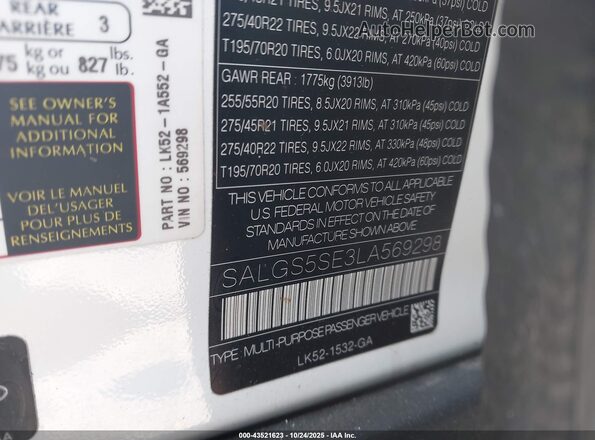 SALGS5SE3LA569298 2020 LAND ROVER RANGE ROVER White Widok komory silnika