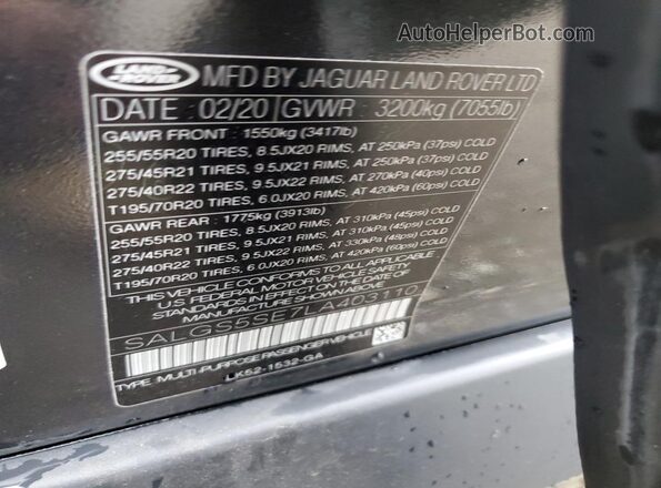 SALGS5SE7LA403110 2020 LAND ROVER RANGE Gray VIN կոդի պիտակի տեսք