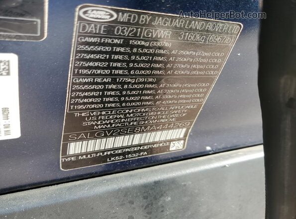 SALGV2SE8MA444269 2021 LAND ROVER RANGE Blue VIN կոդի պիտակի տեսք
