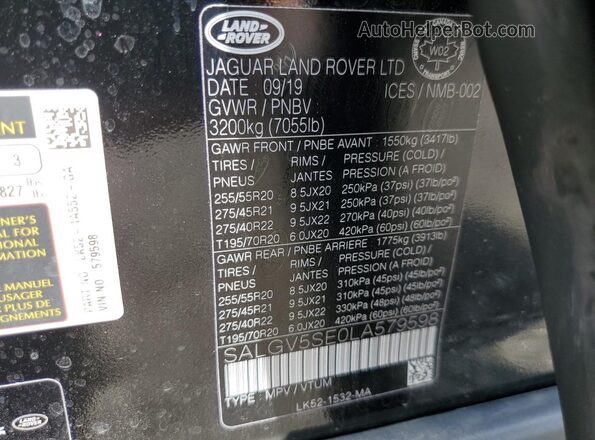 SALGV5SE0LA579598 2020 LAND ROVER RANGE Black VIN sticker view