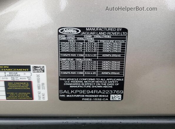 SALKP9E94RA223769 2024 LAND ROVER RANGE Gold VIN კოდის სტიკერის ხედი