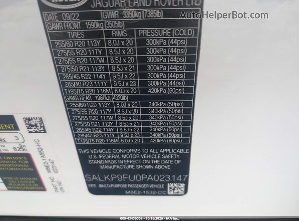 SALKP9FU0PA023147 2023 LAND ROVER RANGE ROVER White ძრავის განყოფილების ხედი