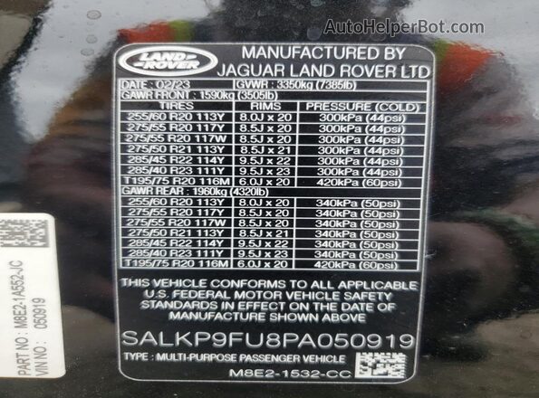 SALKP9FU8PA050919 2023 LAND ROVER RANGE Black VIN კოდის სტიკერის ხედი