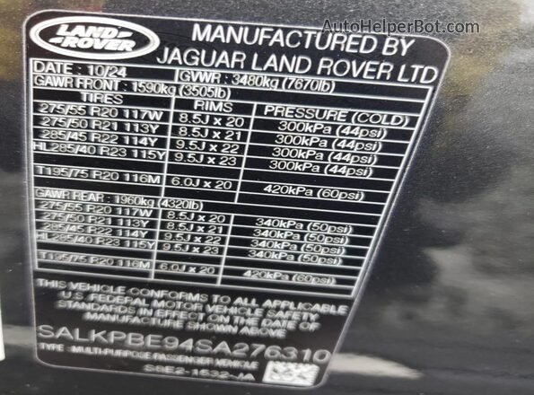 SALKPBE94SA276310 2025 LAND ROVER RANGE Black VIN sticker view