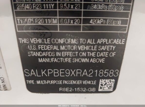 SALKPBE9XRA218583 2024 LAND ROVER RANGE ROVER White Вид підкапотного простору