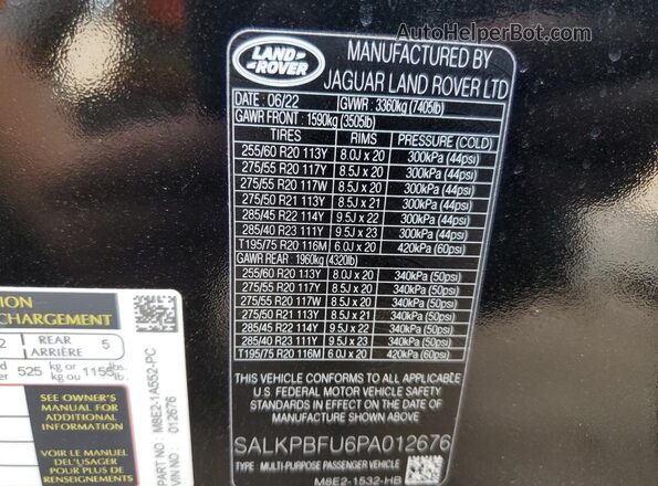 SALKPBFU6PA012676 2023 LAND ROVER RANGE Черный Вид наклейки с VIN-кодом