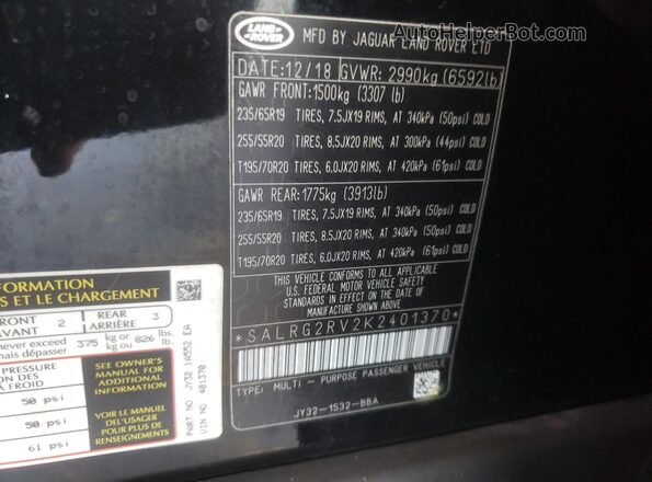 SALRG2RV2K2401370 2019 LAND ROVER DISCOVERY Black Вид наклейки з VIN-кодом