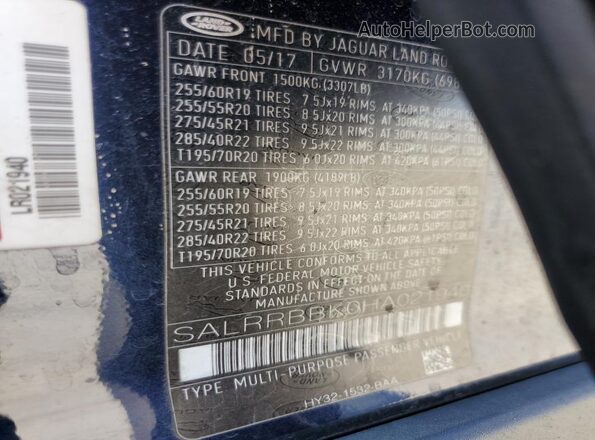 SALRRBBK0HA021940 2017 LAND ROVER DISCOVERY Синий Вид наклейки с VIN-кодом