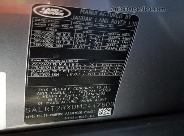 SALRT2RX0M2447800 2021 LAND ROVER DISCOVERY Gray Widok naklejki z numerem VIN