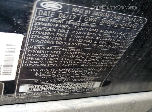 SALWR2FV4HA685679 2017 LAND ROVER RANGE Black Vista de la etiqueta del VIN