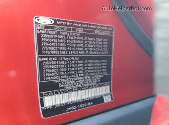 SALWR2RU4KA867098 2019 LAND ROVER RANGE ROVER Red Панорамний вид салону 360°