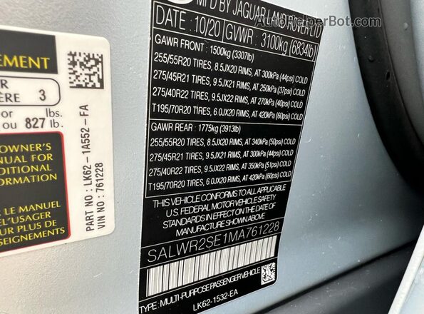 SALWR2SE1MA761228 2021 LAND ROVER RANGE ROVER Серебряный Вид задней части салона
