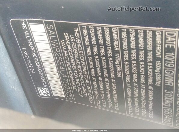 SALWR2SE4LA700700 2020 LAND ROVER RANGE ROVER SPORT Black ძრავის განყოფილების ხედი