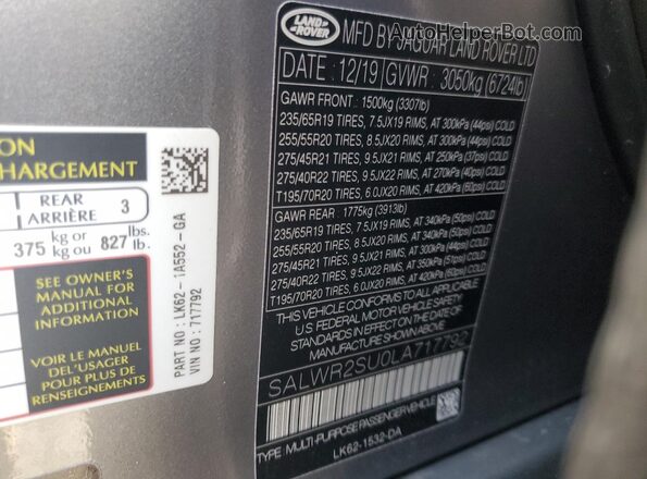SALWR2SU0LA717792 2020 LAND ROVER RANGE Gray Engine compartment view
