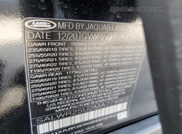 SALWR2SU2MA774903 2021 LAND ROVER RANGE Black Vista interior de 360 grados