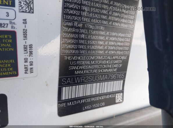 SALWR2SU3MA796165 2021 LAND ROVER RANGE ROVER SPORT White ძრავის განყოფილების ხედი