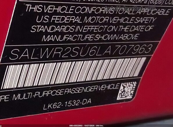 SALWR2SU6LA707963 2020 LAND ROVER RANGE ROVER SPORT Red Vista del compartimento del motor