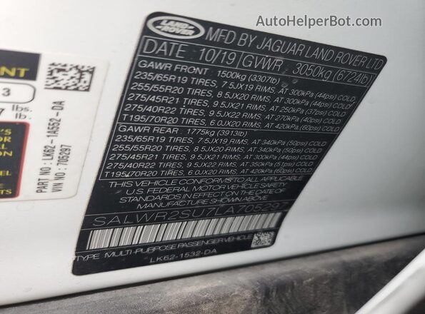SALWR2SU7LA705297 2020 LAND ROVER RANGE White Widok naklejki z numerem VIN