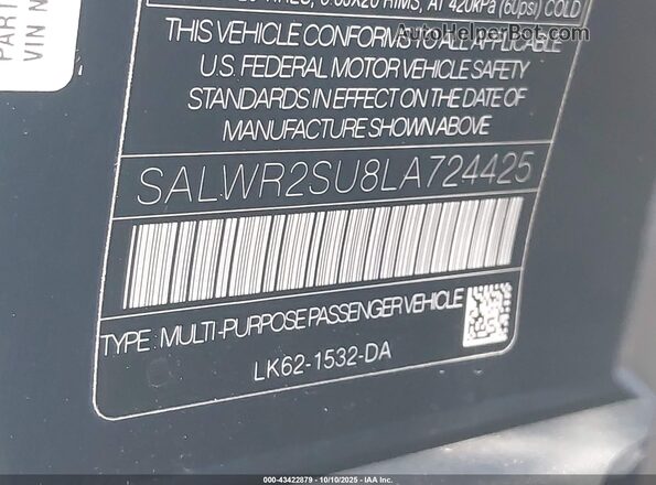 SALWR2SU8LA724425 2020 LAND ROVER RANGE ROVER SPORT Dark Blue Vista del compartimento del motor
