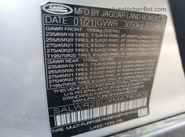 SALWR2SUXMA780805 2021 LAND ROVER RANGE Silver VIN կոդի պիտակի տեսք
