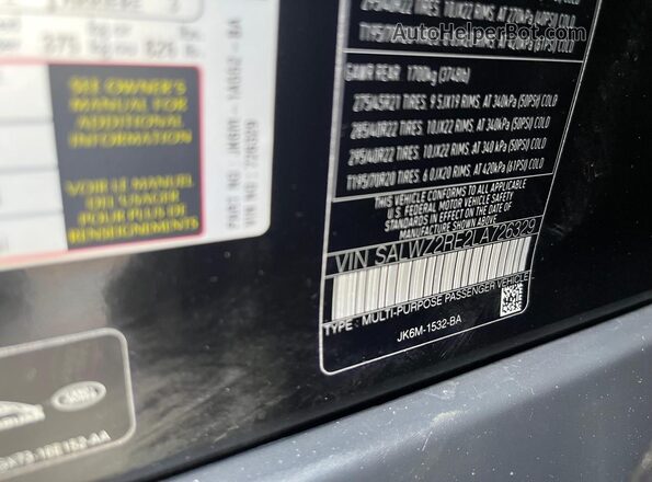SALWZ2RE2LA726329 2020 LAND ROVER RANGE Black Vista de los asientos traseros