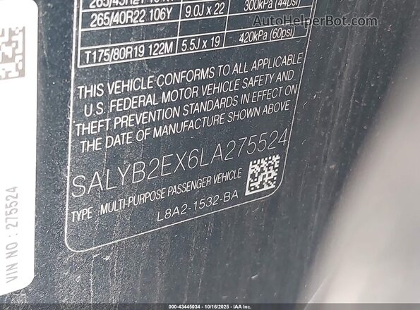SALYB2EX6LA275524 2020 LAND ROVER RANGE ROVER VELAR Black Շարժիչի բաժամունքի տեսք