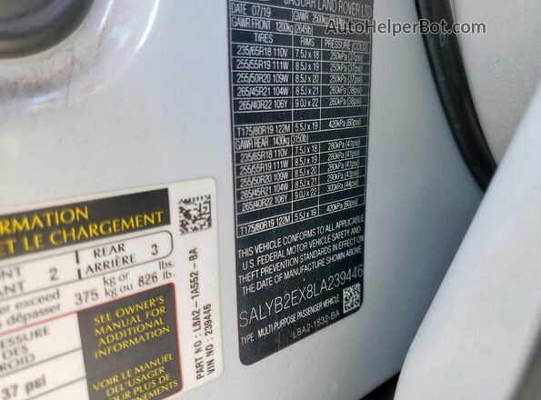 SALYB2EX8LA239446 2020 LAND ROVER RANGE White Widok naklejki z numerem VIN